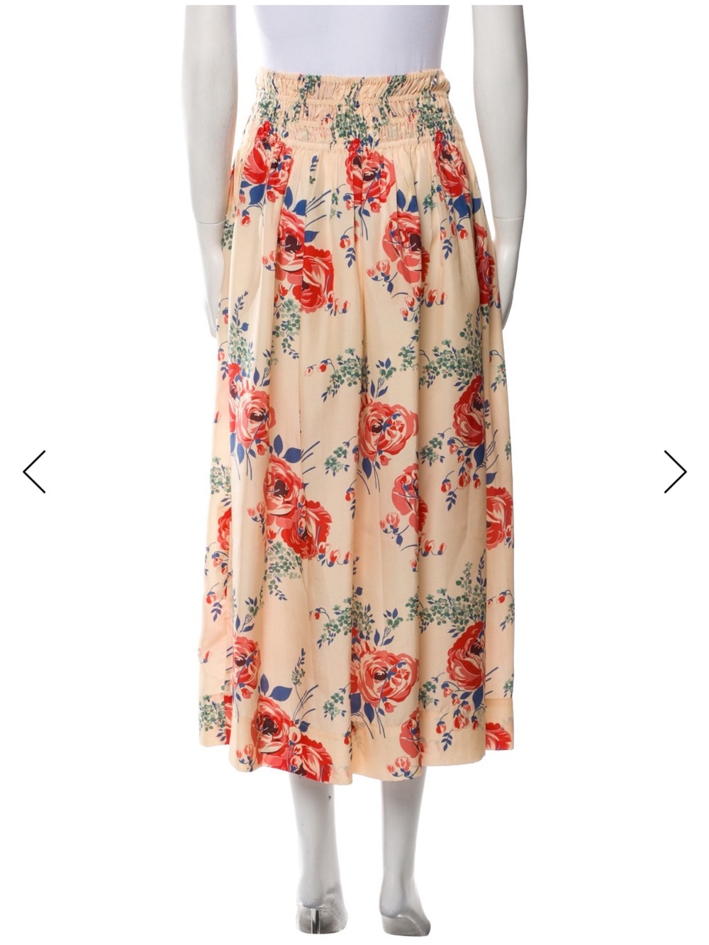 THE GREAT. Peach Maxi Skirt with Red Floral Print